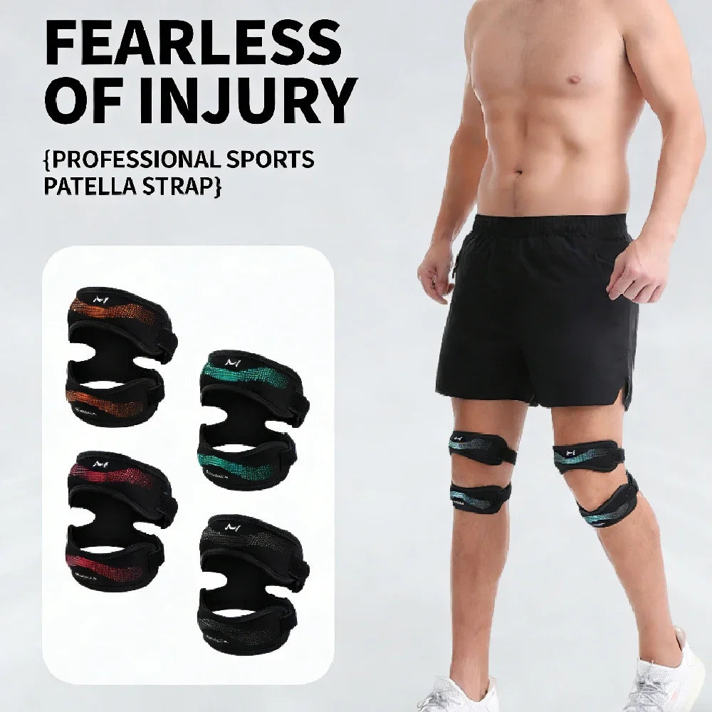 Muskulöser Mann demonstriert die Verwendung eines schwarzen sportlichen Patella-Strap für die Kniestütze.