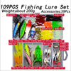 A collection of 109 pieces of fishing lures and accessories including various colors and types