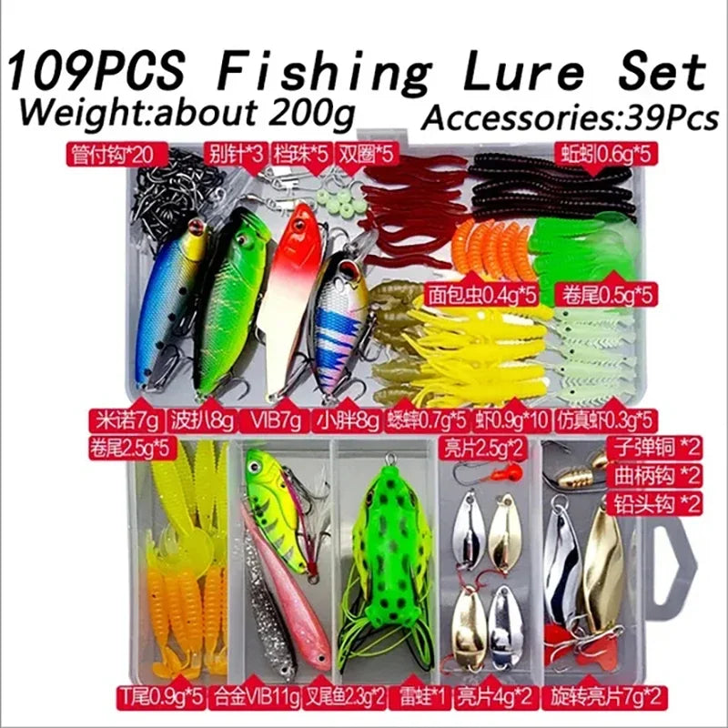 A collection of 109 pieces of fishing lures and accessories including various colors and types