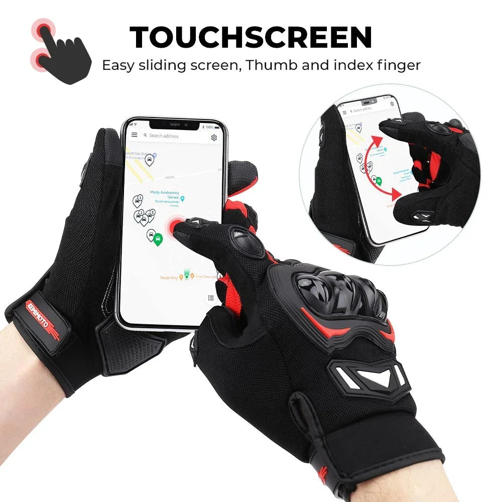 Gants de moto tactiques noirs avec fonction tactile affichée sur un smartphone
