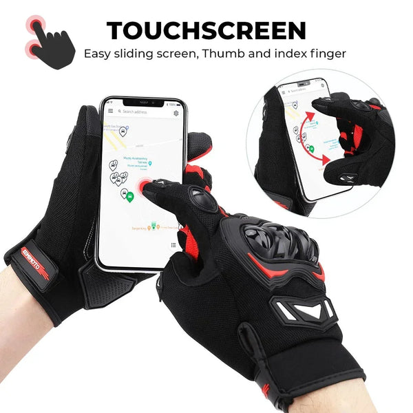 Black tactical motorcycle riding gloves with a touchscreen feature shown on a smartphone display