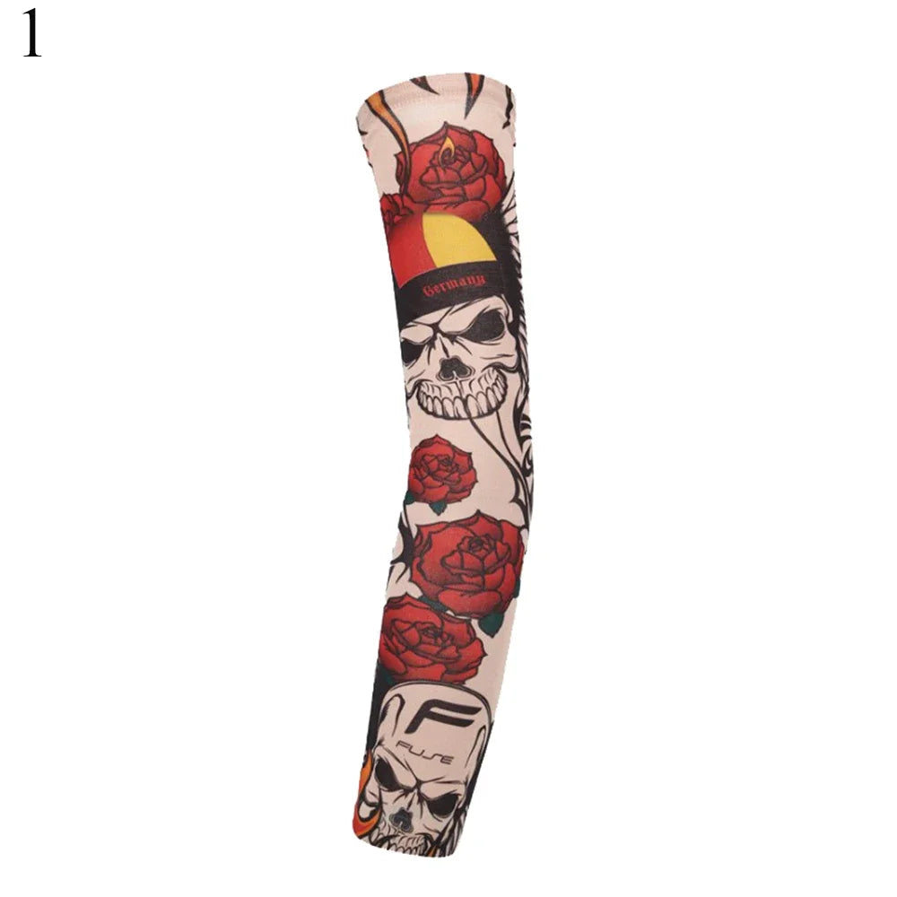 A black arm sleeve featuring a skull and rose design with a yellow stripe labeled Germany.