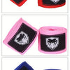 Set of professional cotton boxing hand wraps in black, red, and pink colors.