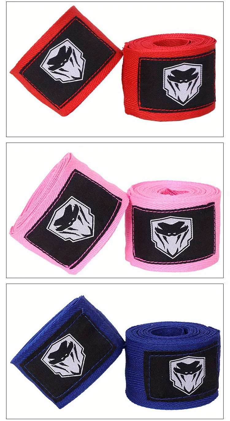 Set of professional cotton boxing hand wraps in black, red, and pink colors.