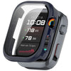 A dark blue smartwatch with a clear screen displaying time, heart rate, and system information.