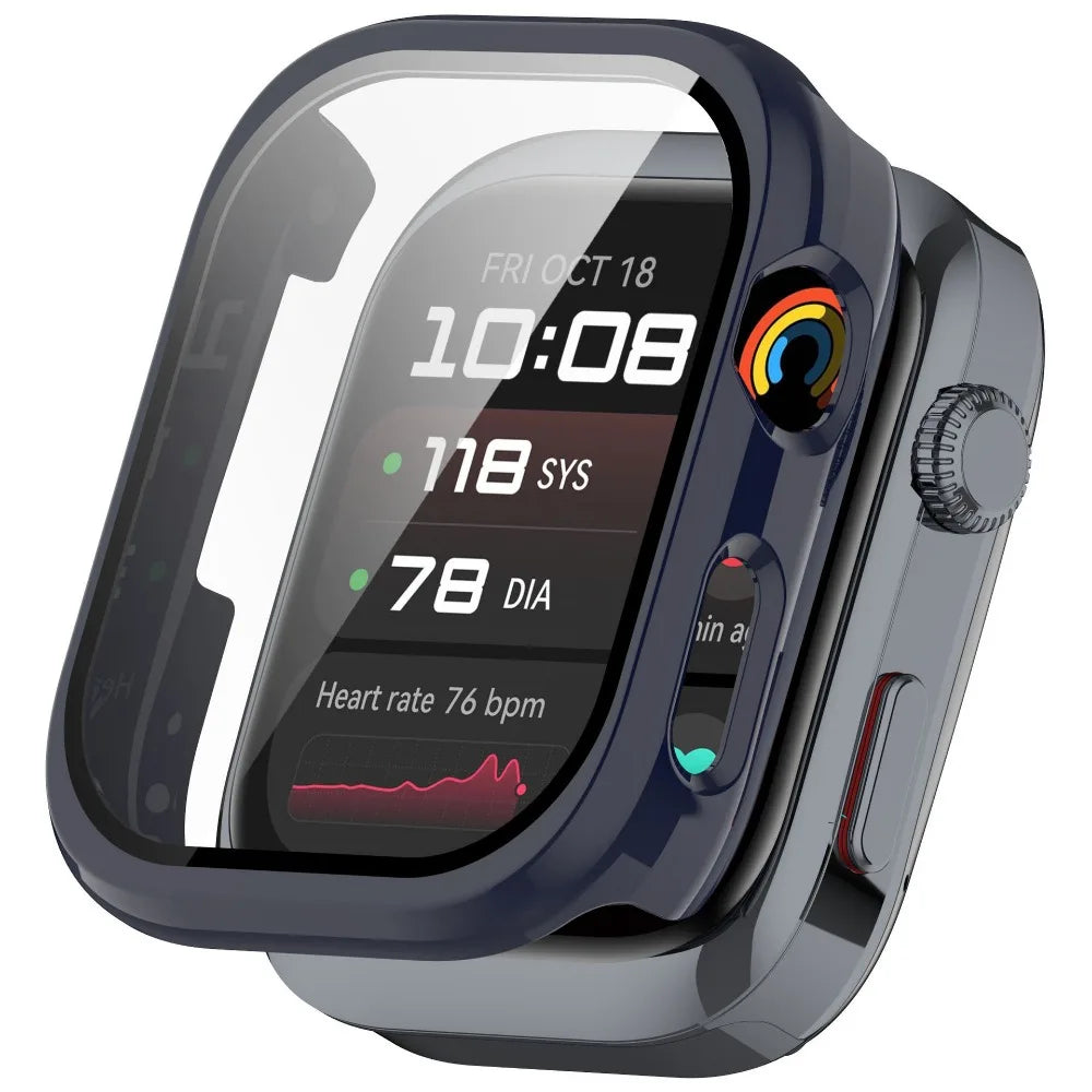 A dark blue smartwatch with a clear screen displaying time, heart rate, and system information.