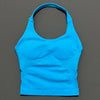Helles blaues, nahtloses Strick-Trainings-Tanktop mit Rundhalsausschnitt und figurbetontem Schnitt.