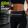 A close-up of a black fitness top showing a slim fit design and a black waist pack worn by a woman running.