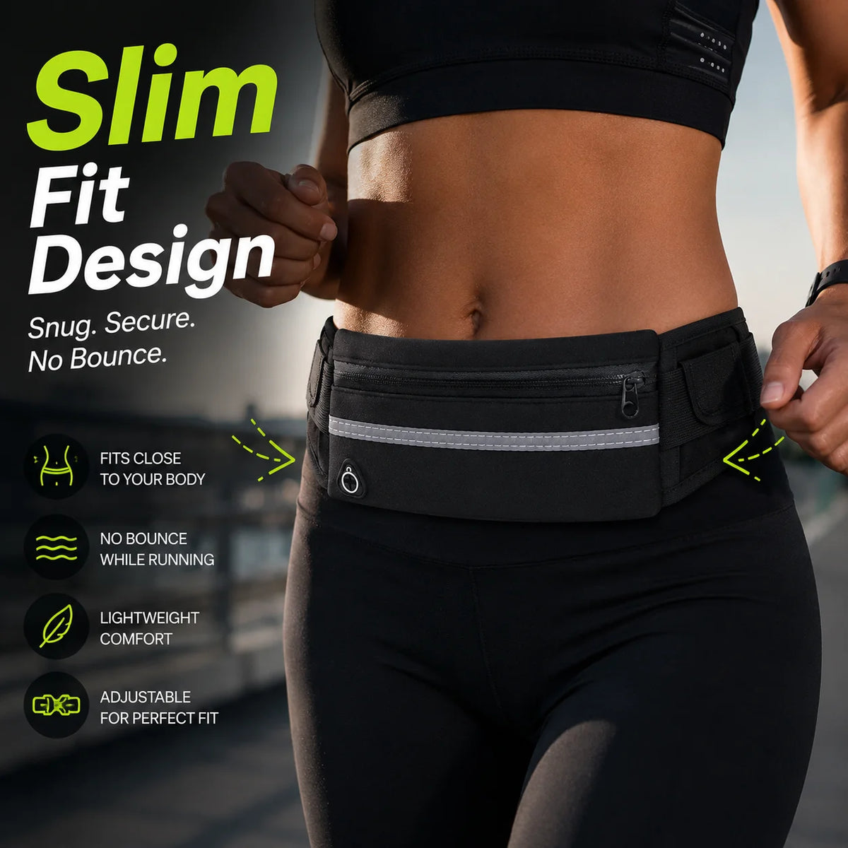 A close-up of a black fitness top showing a slim fit design and a black waist pack worn by a woman running.