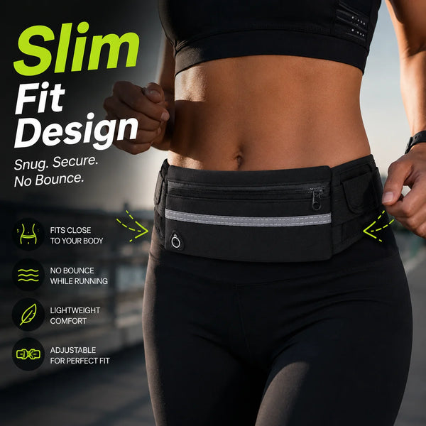 A close-up of a black fitness top showing a slim fit design and a black waist pack worn by a woman running.