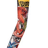 A long seamless tattoo sleeve featuring a detailed red dragon design and black floral patterns.