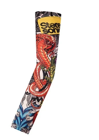 A long seamless tattoo sleeve featuring a detailed red dragon design and black floral patterns.