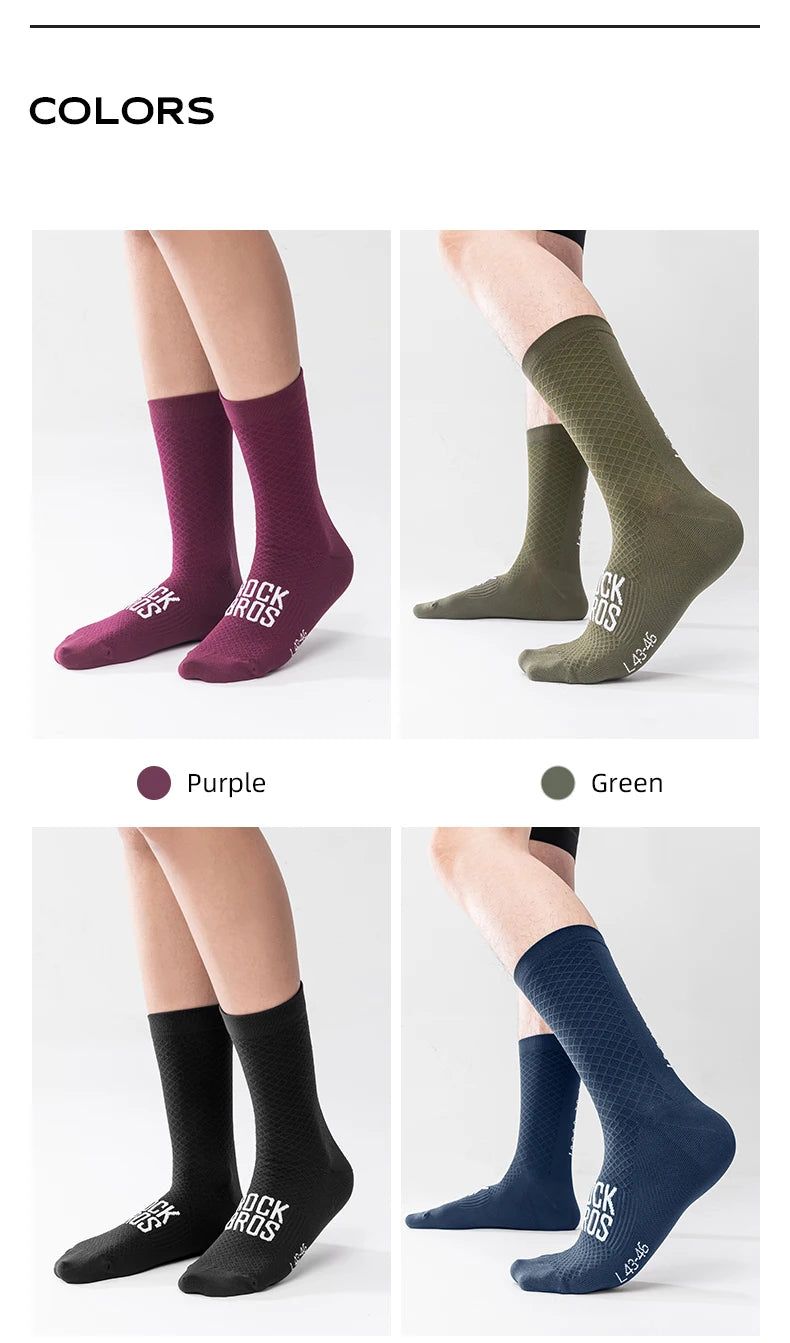 A set of high elastic cycling and hiking socks in purple, green, and black colors shown on legs.