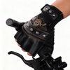 Black half-finger motorcycle riding gloves featuring a pirate skull design and leather accents.