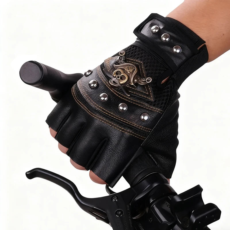 Black half-finger motorcycle riding gloves featuring a pirate skull design and leather accents.