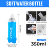 A blue soft water bottle with a silicone mouthpiece, showing its size and features.