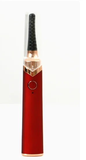 A close-up view of a red automatic electric eyebrow trimmer with a black grooming tip.