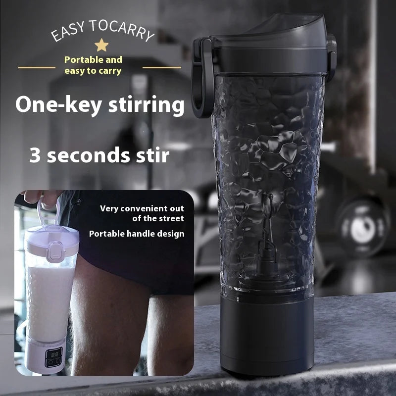 A clear electric shaker bottle with a black base is shown next to a close-up of its portable handle design.