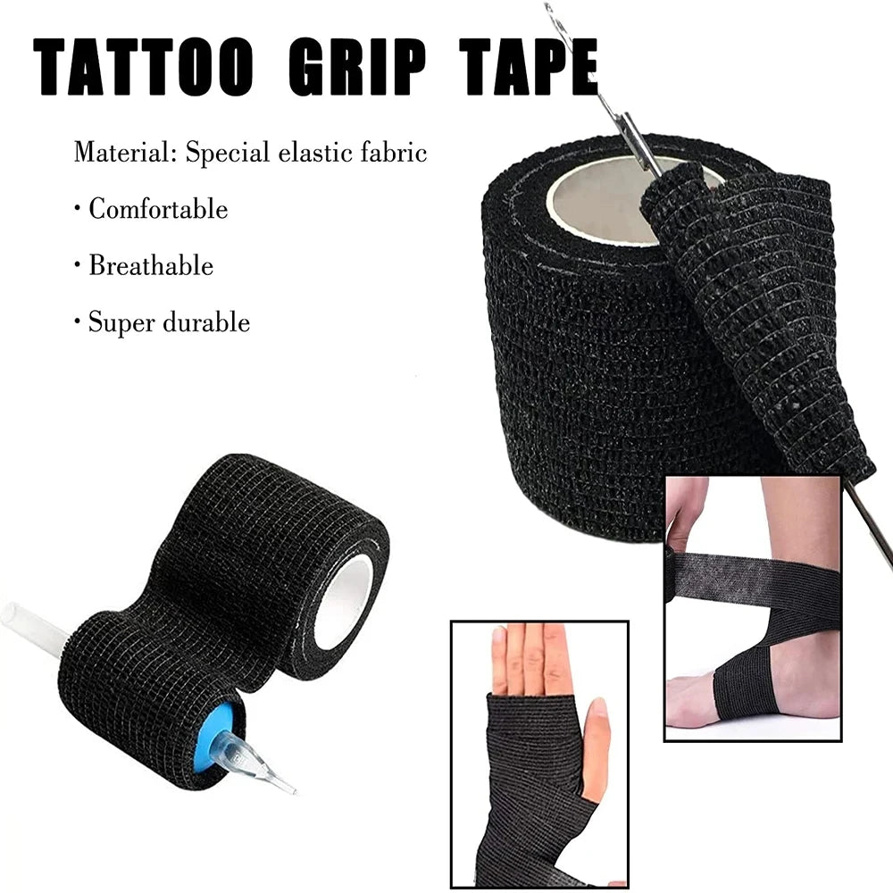 Roll of black self-adhesive tattoo grip tape with a needle applicator and a hand wrapped in the tape