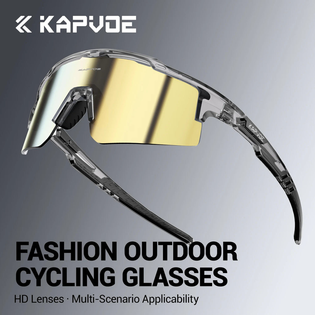 A pair of clear-framed cycling glasses with gold tinted lenses shown against a gray background.