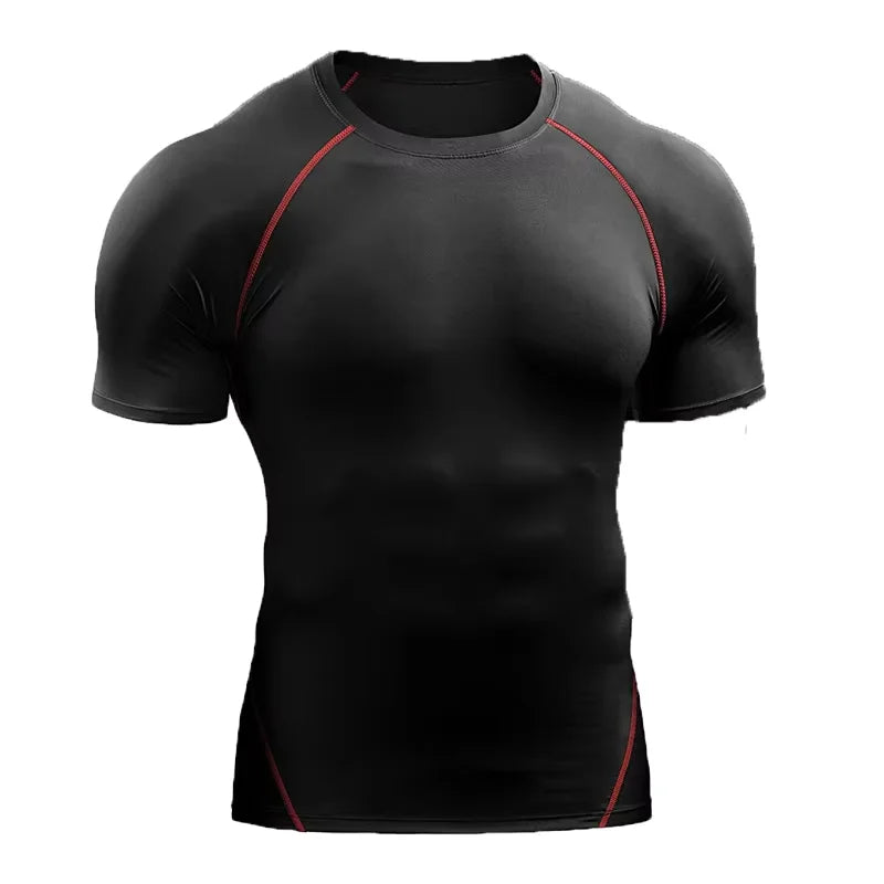 Black men's quick-dry compression running t-shirt with red trim.