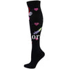 Black compression socks decorated with pink hearts and a purple syringe design