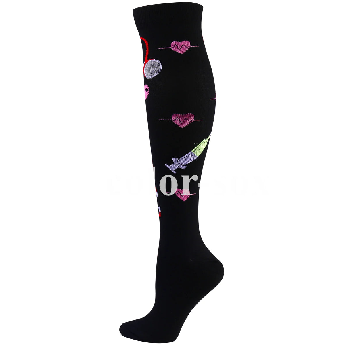 Black compression socks decorated with pink hearts and a purple syringe design