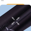 A close-up of black breathable arm sleeves with white text showing a cross pattern.