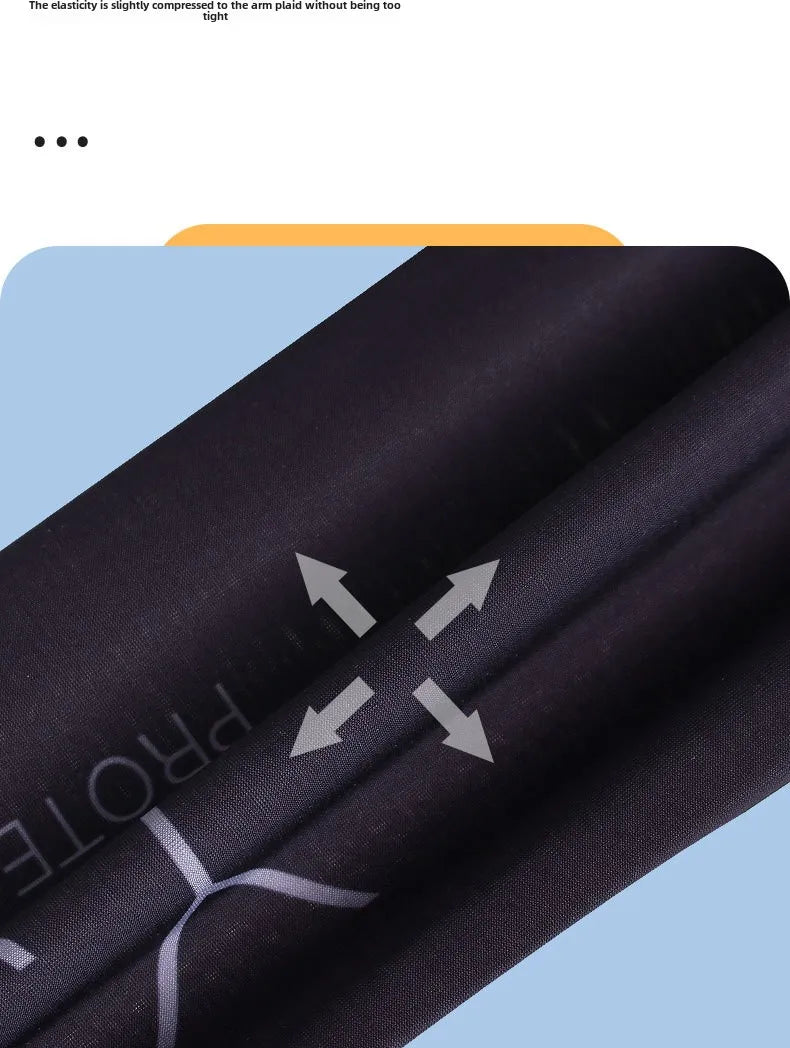 A close-up of black breathable arm sleeves with white text showing a cross pattern.