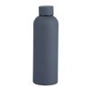 A matte gray insulated stainless steel thermos cup with a black lid.