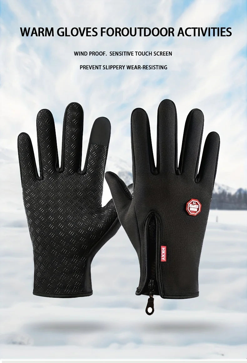 A pair of black windproof gloves shown against a snowy outdoor background.