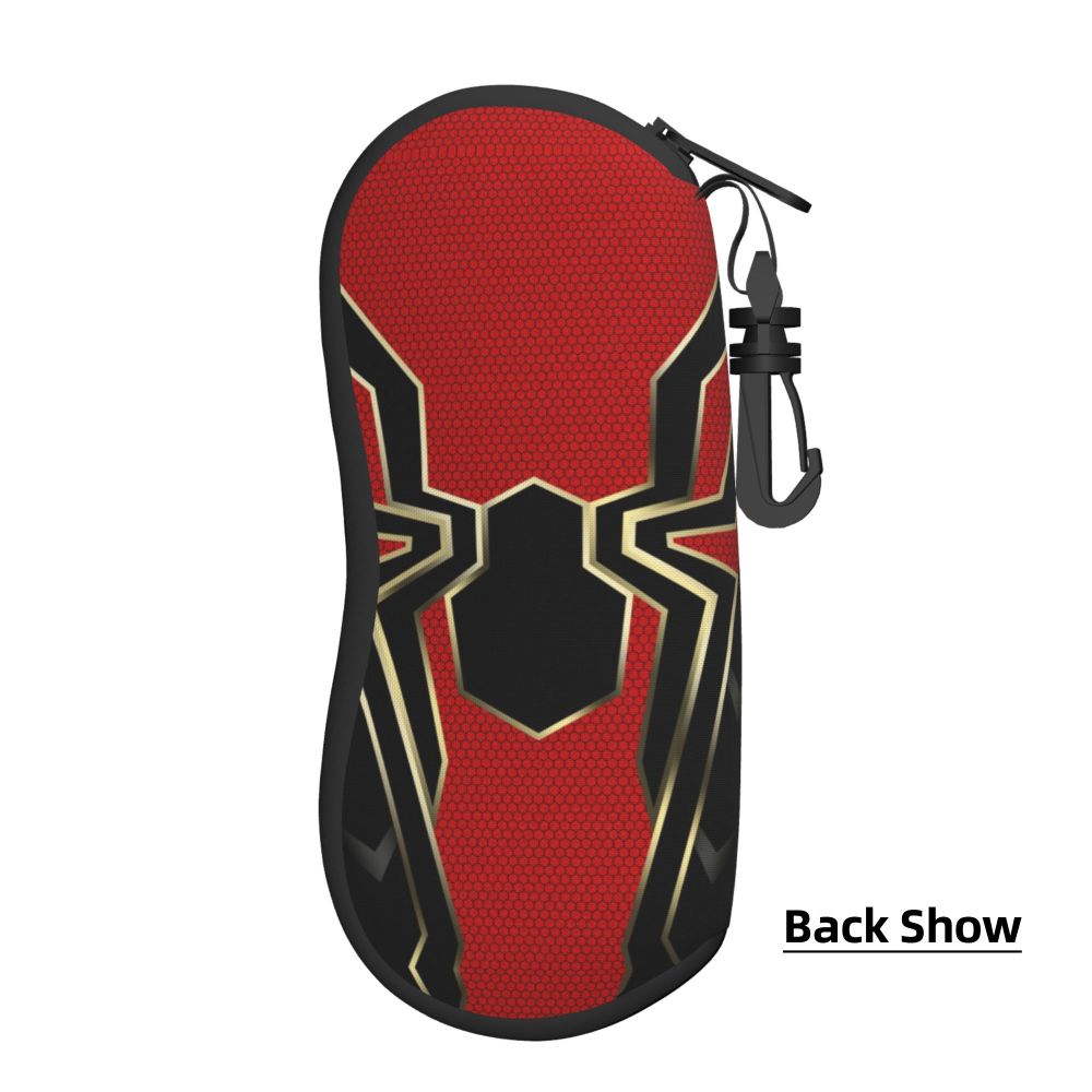A red and black Spider-Man themed pouch with a metallic gold design for storing eyeglasses.