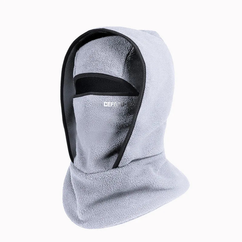A gray double-layer winter beanie with a black trim and a smooth texture.