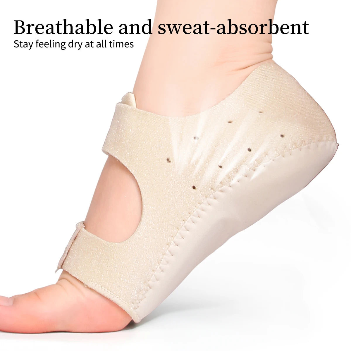A beige gel heel cup is shown on a foot, designed for pain relief.
