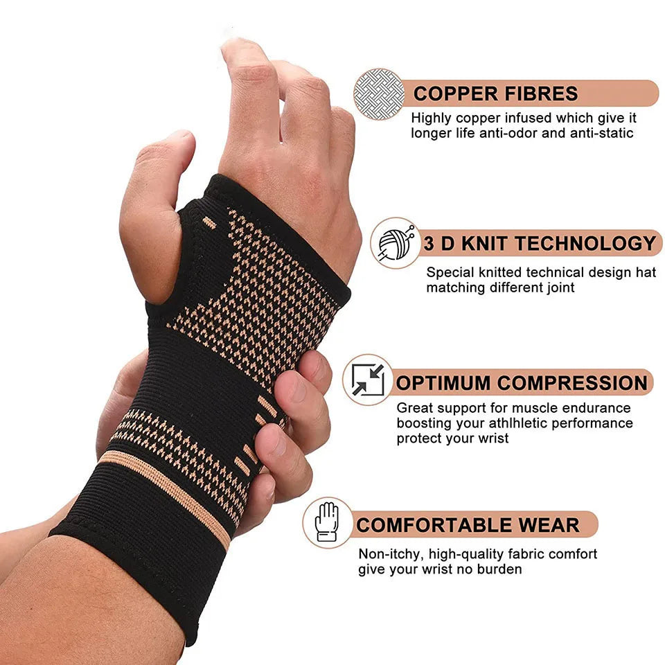 A hand is wearing a black copper fiber wrist bracer designed for fitness and sport.