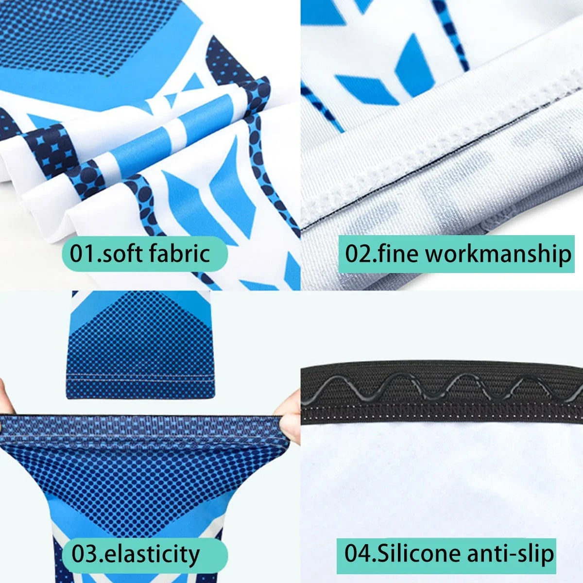 Gros plan de manches anti-UV bleues et blanches, montrant la douceur du tissu, la confection, l'élasticité et le silicone