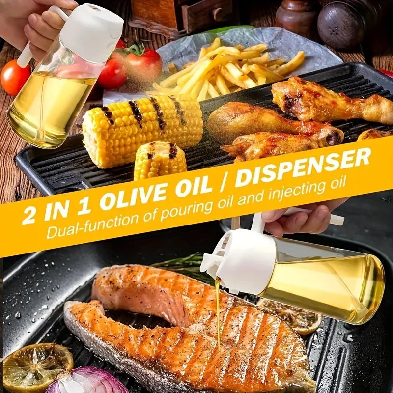 A glass oil dispenser is shown pouring olive oil onto grilled food like corn and fish on a black grill.