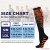 Orange and black sports compression socks displayed next to a size chart showing foot and calf measurements.