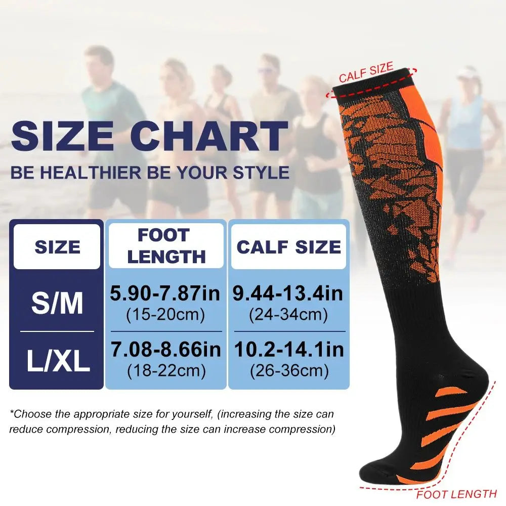 Orange and black sports compression socks displayed next to a size chart showing foot and calf measurements.