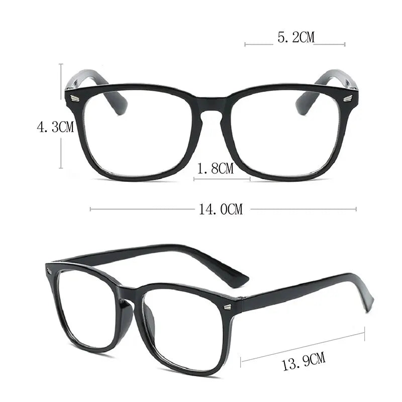 A pair of black elegant anti-blue light reading glasses shown from the front and side views.