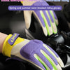 Purple and lime green riding gloves with shock absorption and cushioning shown on a hand.