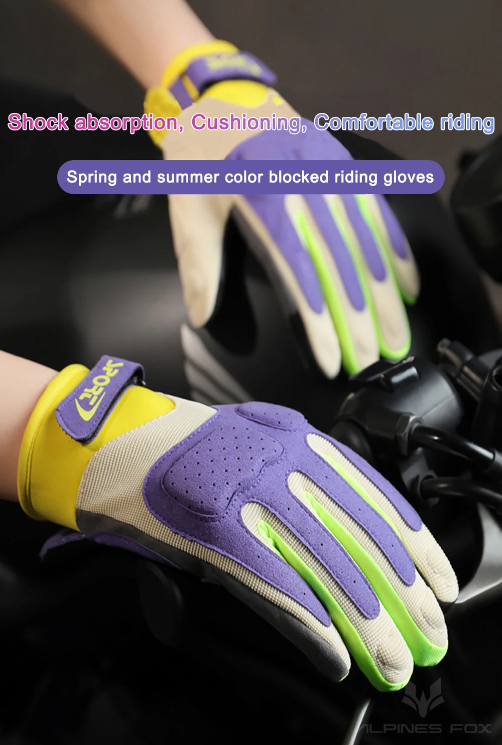Purple and lime green riding gloves with shock absorption and cushioning shown on a hand.