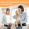 A woman supports a baby while wearing an adjustable lower back pain support belt during pregnancy and postpartum.