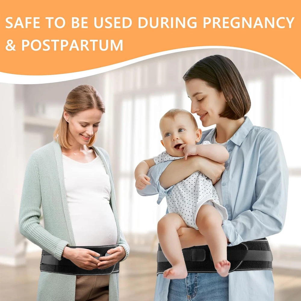 A woman supports a baby while wearing an adjustable lower back pain support belt during pregnancy and postpartum.