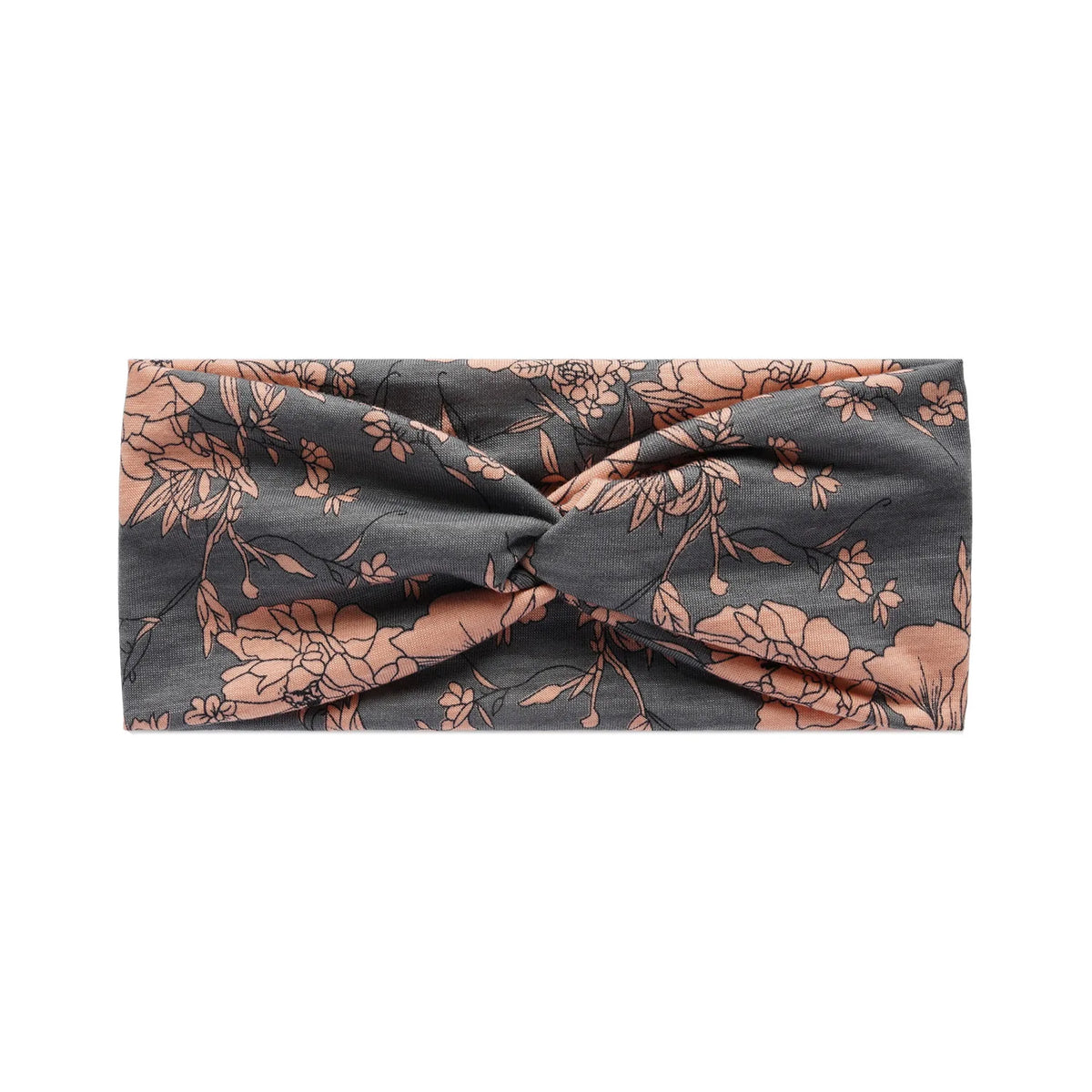 A gray fabric headband featuring a vintage floral print in shades of terracotta and muted pink.