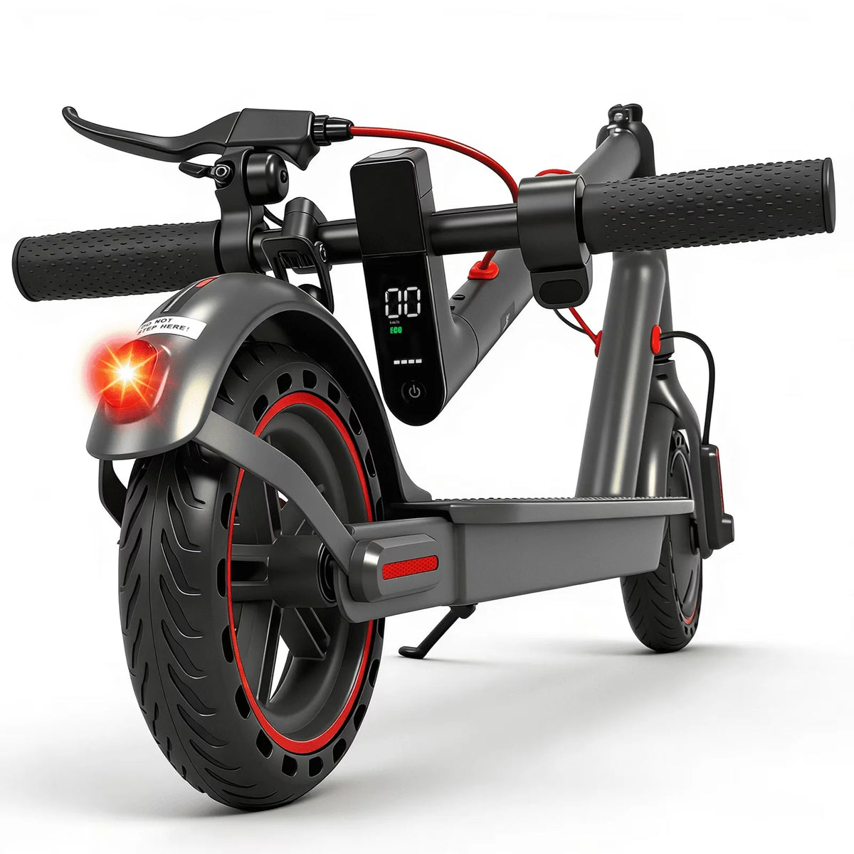 A black high-performance electric scooter for adults with a large wheel and handlebar visible.