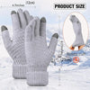 Gray knitted insulated winter gloves shown with a close-up of the elastic cuff detail