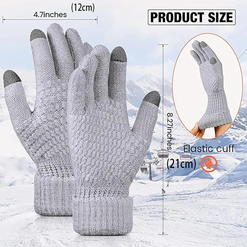 Gray knitted insulated winter gloves shown with a close-up of the elastic cuff detail