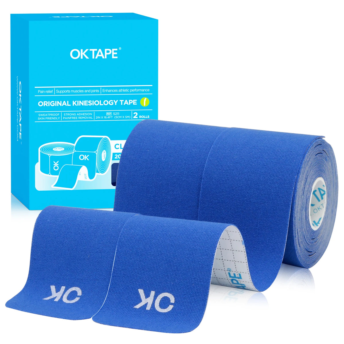 Blue OKTAPE kinesiology tape rolls and a box are displayed on a white background.