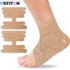 A foot wearing a beige kinesiology support tape for muscle and joint rehabilitation.